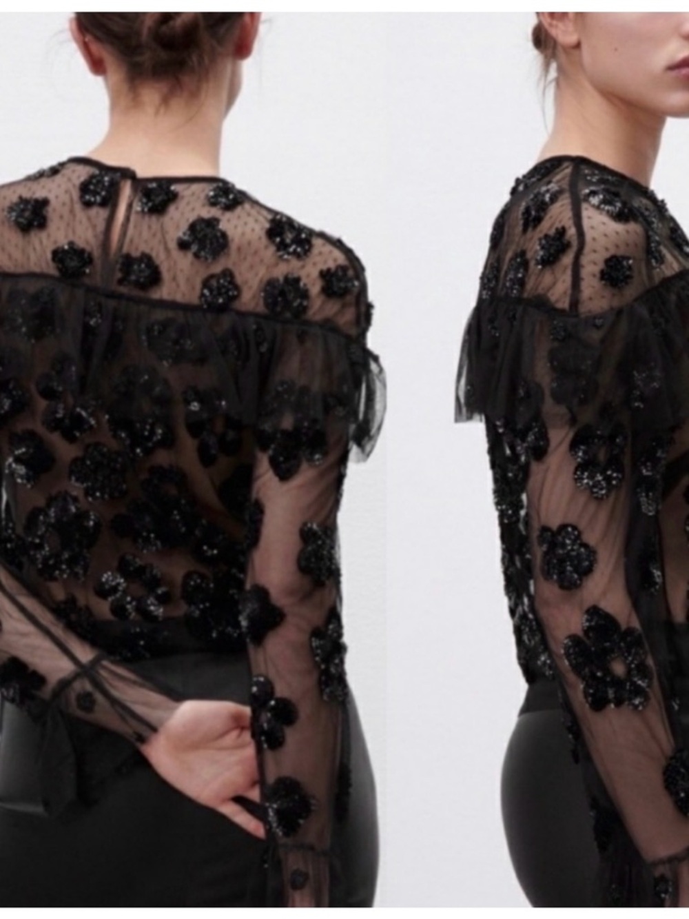 Zara Black Sheer Floral Beaded Long-Sleeve Top
